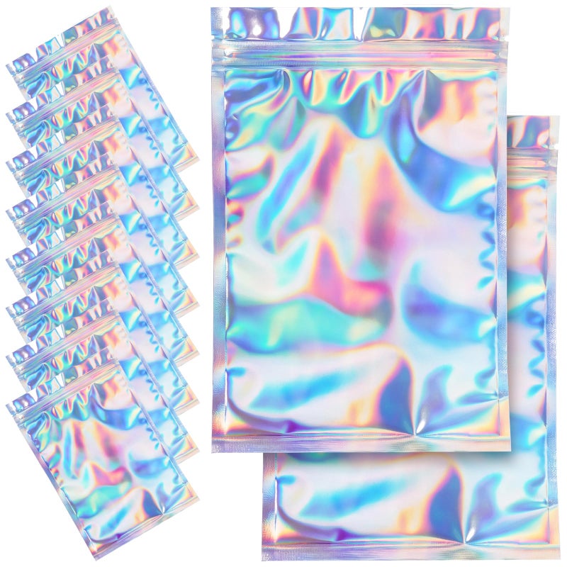 NIKUY 100 Pieces Resealable Smell Proof Bags - 3.3 x 5 Inches Foil Pouch Bagsï¼Œ Flat Clear Food Storage Bags Plastic Packaging Foil Mylar Bags for Party Favor Food Storage (Holographic Rainbow Color) - Image 1
